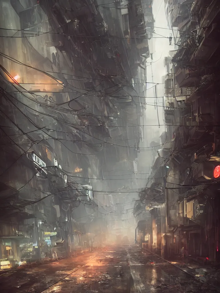 Prompt: futuristic dieselpunk street, hanging cables, narrow, garbage on the ground. rain. fog, haze, evening. led screens. golden hour. the very low point of view. close to the ground. volumetric lighting. cables on the ground. very messy. futuristic. photorealistic. artstation. anime. studio gimbli style