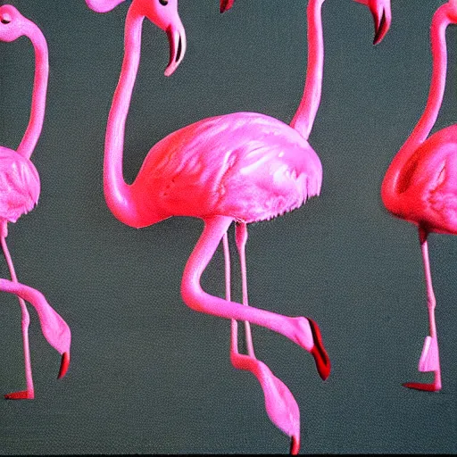 Prompt: ten melting pink flamingos in the style of Dali