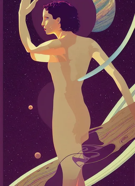 Image similar to poster artwork by michael whelan and tomer hanuka, portrait of beautiful sensual dancer in the clouds of jupiter, clean, art deco