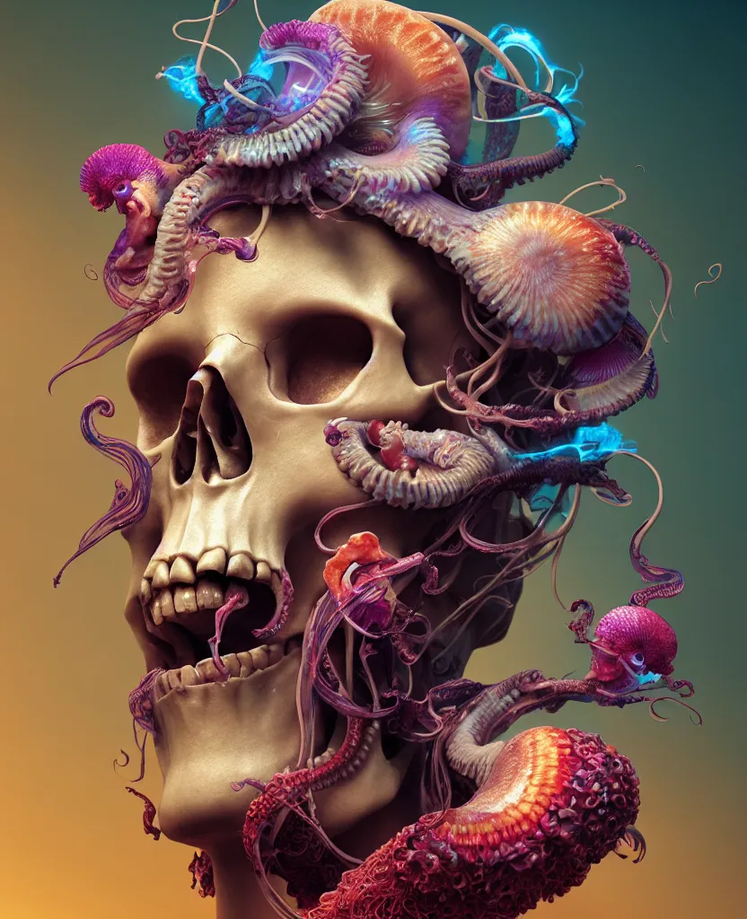 Image similar to goddess close - up portrait human skull, ram skull, squid phoenix jellyfish, orchid, betta fish, bioluminiscent, intricate artwork by tooth wu and wlop and beeple. octane render, trending on artstation, greg rutkowski very coherent symmetrical artwork. cinematic, hyper realism, high detail, octane render, 8 k