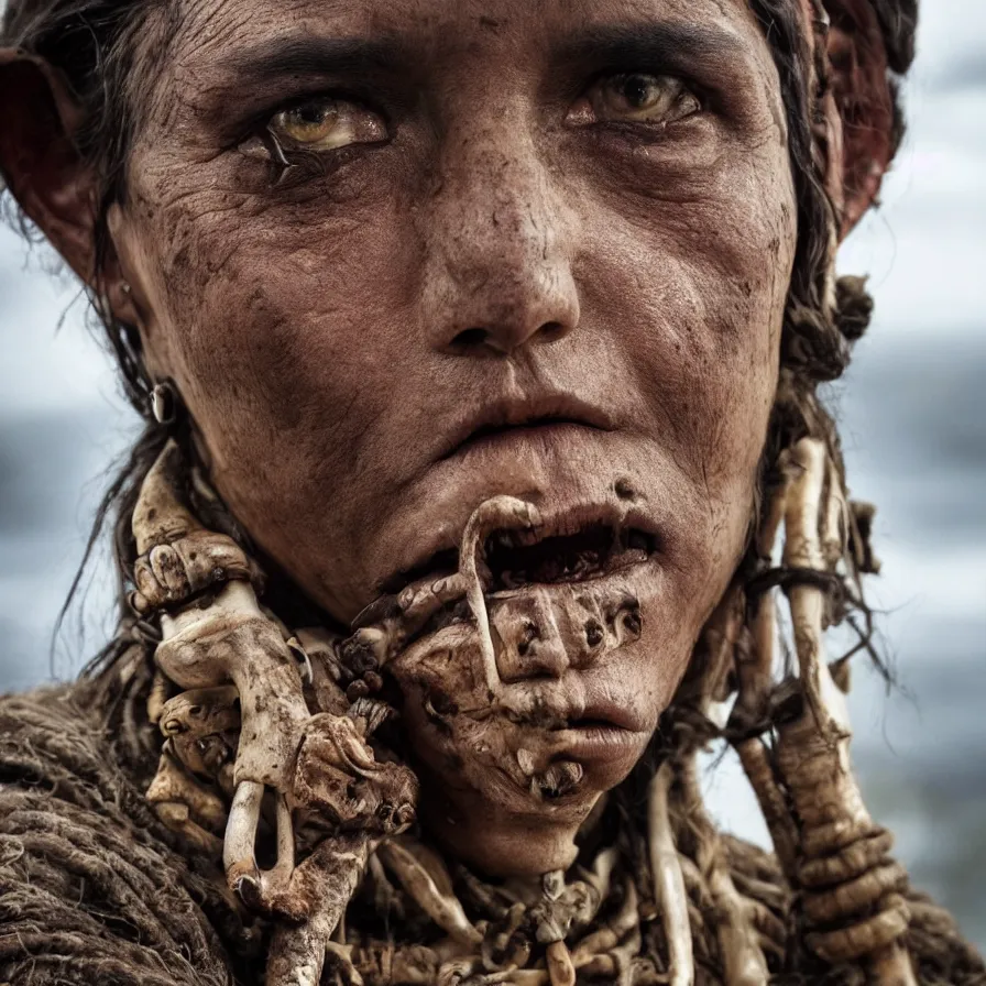 Image similar to extremely detailed award winning national geographic face portrait photography uncut centered and realistic from ancient mayan elder shaman warrior with terrifying face tattoos and heavy bone piercings . 64megapixel. 4k 8k. Photorealistic artwork. Influenced by the movie apocalypto. Landscape background what is slightly blurry and windy.