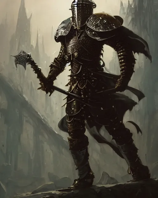 Prompt: mtg character portrait of a knight, with spiked helmet, weilding large 2 handed sword, wearing metal lamallar armor, by peter mohrbacher, wadim kashin, greg rutkowski, larry elmore, george pemba, ernie barnes, raymond swanland, magali villeneuve, trending on artstation