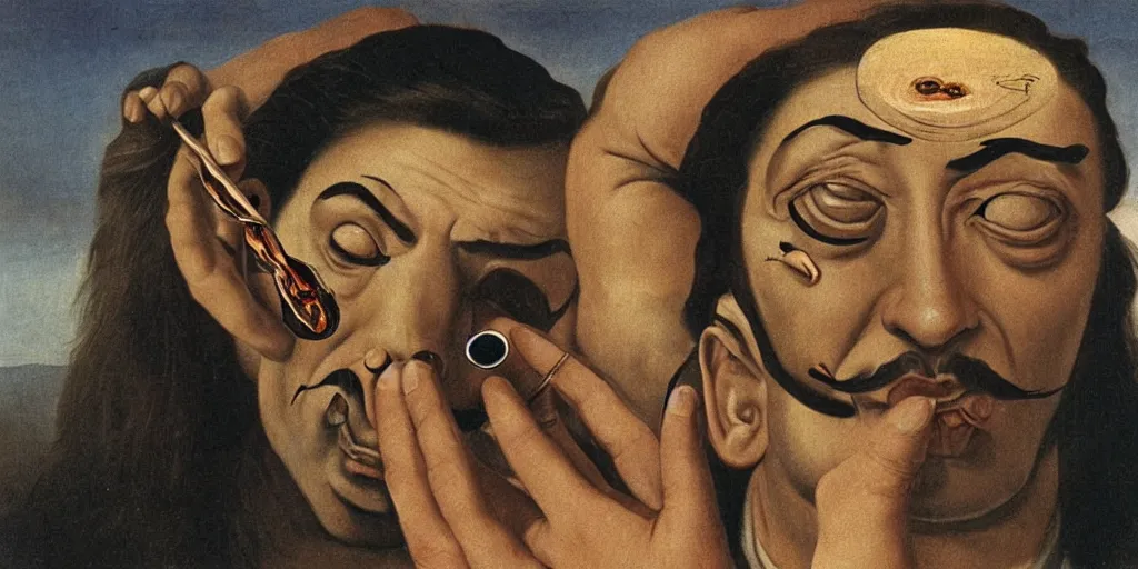 Image similar to a man removing a nail from the middle of his forehead where he has a third eye by dali