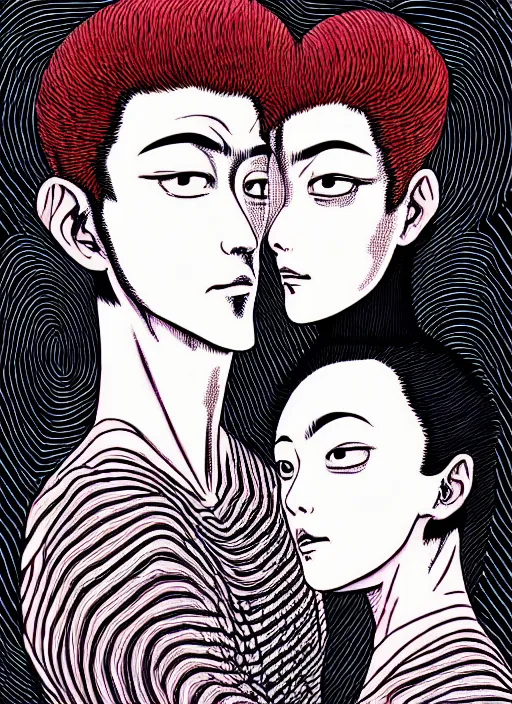 Prompt: 1 px color ink art by junji ito, perfectly centered symmetrical balanced male and female portrait of man and woman in love sharing one heart. high coherence ; fractal geometrical 8 k ultra hd
