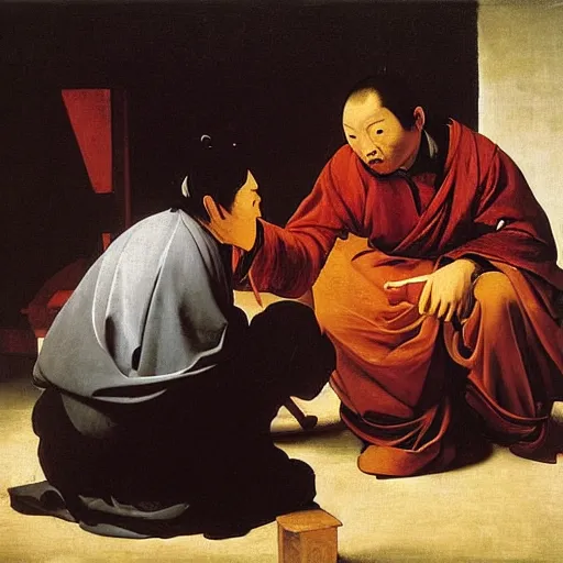 Image similar to traveler from the far east talking to a westerner, by caravaggio