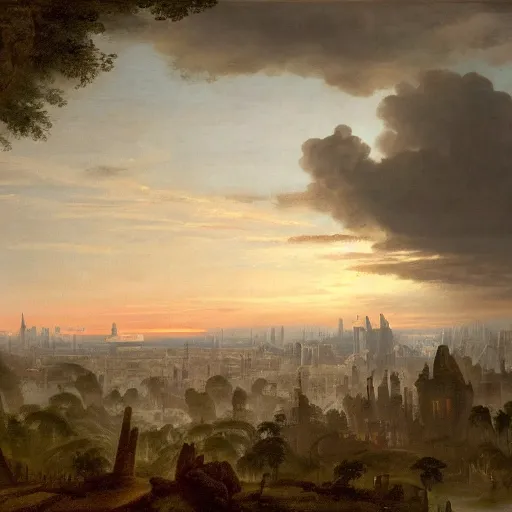 Image similar to vista of a city at sunset, the city is a sprawling renaissance city that is built on the rolling hills of a wide bay amidst cyclopean mausoleums with the rainforest at its edges, rpg, hubert robert, cityscape, vista, dying earth, reclaimed ruins