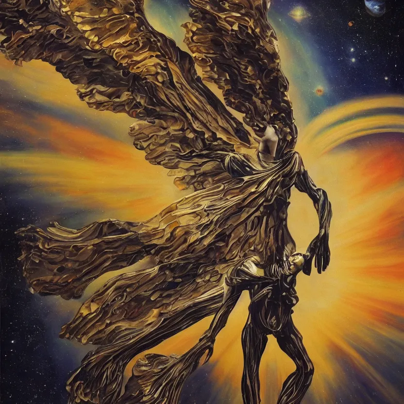 Prompt: an alien angel in space, with abstract wings and arms outstretched. pulp sci - fi art for omni magazine. high contrast. baroque period, oil on canvas. renaissance masterpiece. trending on artstation. retrofuturism