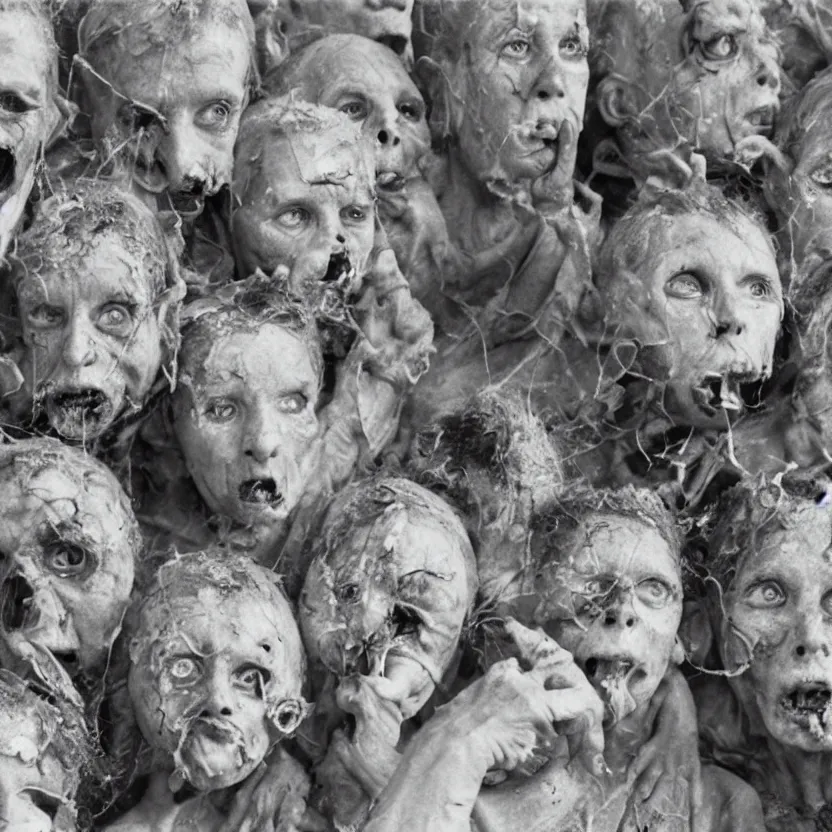 Image similar to group of deformed irradiated people with acute radiation sickness flaking, melting, rotting skin wearing 1950s clothing in a 1950s nuclear wasteland. Group is living in a nuclear reactor. Photo is black and white award winning photo highly detailed, highly in focus, highly life-like, facial closeup taken on Arriflex 35 II, by stanley kubrick