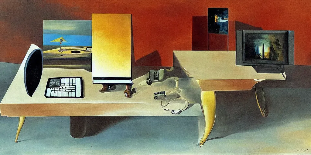 Prompt: A painting of a table with a computer on it, by Salvador Dalí