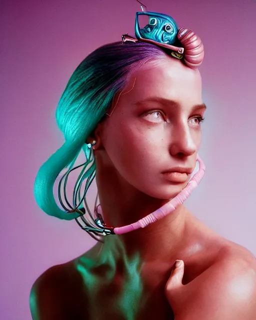 Prompt: natural light, soft focus portrait of a cyberpunk anthropomorphic snail with soft synthetic pink skin, blue bioluminescent plastics, smooth shiny metal, elaborate ornate head piece, piercings, skin textures, by annie leibovitz, paul lehr