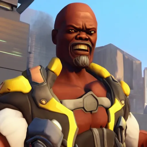 Image similar to samuel l jackson as doomfist from overwatch, screenshot, detailed