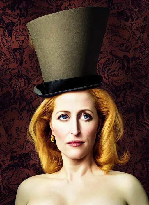 Image similar to closeup portrait of a steampunk gillian anderson wearing a top hat and goggles, depth of field, zeiss lens, detailed, symmetrical, centered, fashion photoshoot, by Annie Leibovitz and Steve McCurry, David Lazar, Jimmy Nelsson, Breathtaking, 8k resolution, extremely detailed, beautiful, establishing shot, artistic, hyperrealistic, beautiful face, octane render