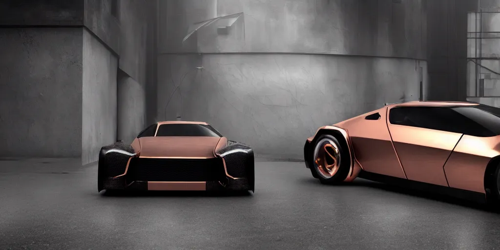 Image similar to a design of a futuristic DMC Delorian, designed by Polestar, blade runner background, front and back view, stained antique copper car paint, black windows, sportscar, dark show room, dramatic lighting, hyper realistic render, depth of field