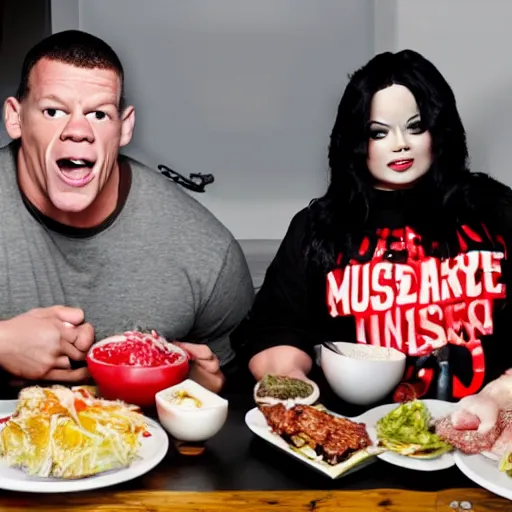 Prompt: obese john cena and michael jackson eating mukbang