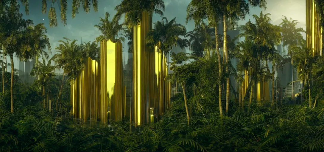 Prompt: futuristic shinny golden iridiscent mirror buildings in an jungle landscape of a solarpunk with overgrown vegetation city by le corbusier, movie poster, golden ratio, evening lighting, film still, realistic, spaceships landing, octane render redshift arnold materials unreal engine, 8 k post production, hyper detailed