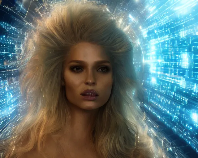 Image similar to glowing hair, complex cybernetic beings, beautiful hairy humanoids, cybermagnetosphere, cybernetic civilizations, ornate hair, love, joy, vortexes, large arrays, data holograms, 8 k, cinematic light shadows, wet hdr refractions, *, * * *, * * * * *