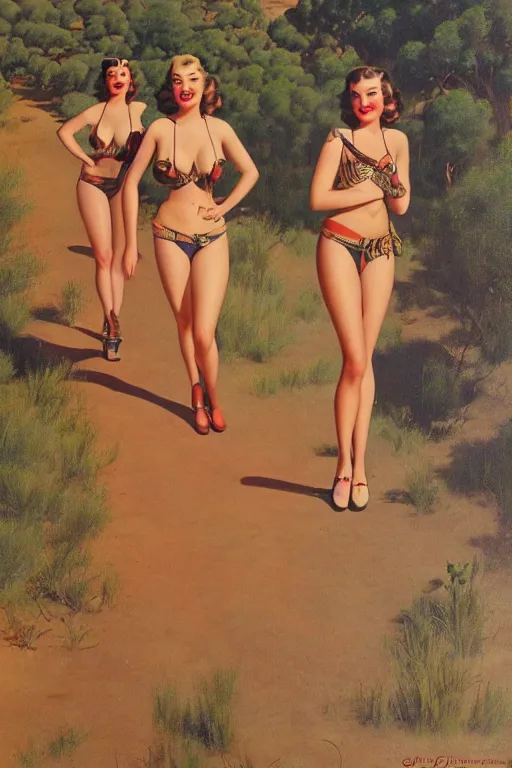 Image similar to 1940s group of pinup bikini girls walking around 1940s Ayers Rock, Uluru, in Australia, oil painting, by Gil Elvgren