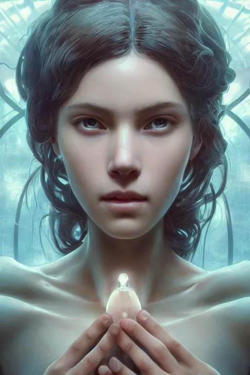 Image similar to beautiful and enigmatic ai held captive in a remote research facility. vulnerability and innocence, ultra realistic, sharp details, subsurface scattering, intricate details, warm lighting, beautiful features, highly detailed, photorealistic, octane render, 8 k, unreal engine, art by artgerm and greg rutkowski and alphonse mucha