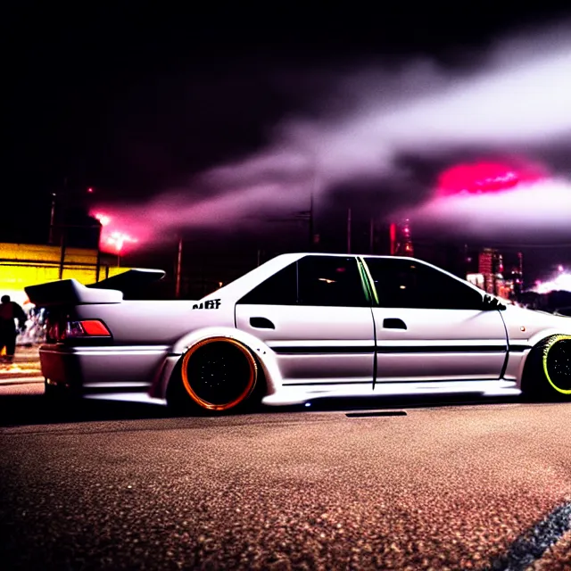 Image similar to a car JZX90 twin turbo drift at illegal car meet, Saitama prefecture, city midnight mist lights, cinematic lighting, photorealistic, highly detailed wheels, high detail