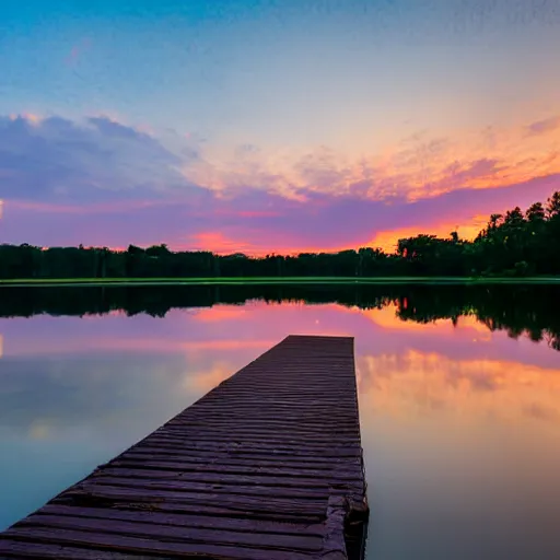 Image similar to a small dock on a quiet green lake, sunset, golden hour, beautiful lighting, peaceful, trees, high quality, high resolution