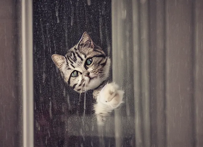 Image similar to photography of a Cat . watching outside the window while it rains. on a bed. in a room full of vinyls and posters, photorealistic, raining award winning photo, 100mm, sharp, high res