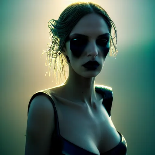 Image similar to photographic portrait of a stunningly beautiful gothic cyberpunk android female in soft dreamy light at sunset, god rays, contemporary fashion shoot, by edward robert hughes, annie leibovitz and steve mccurry, david lazar, jimmy nelsson, breathtaking, 8 k resolution, extremely detailed, beautiful, establishing shot, artistic, hyperrealistic, beautiful face, octane render