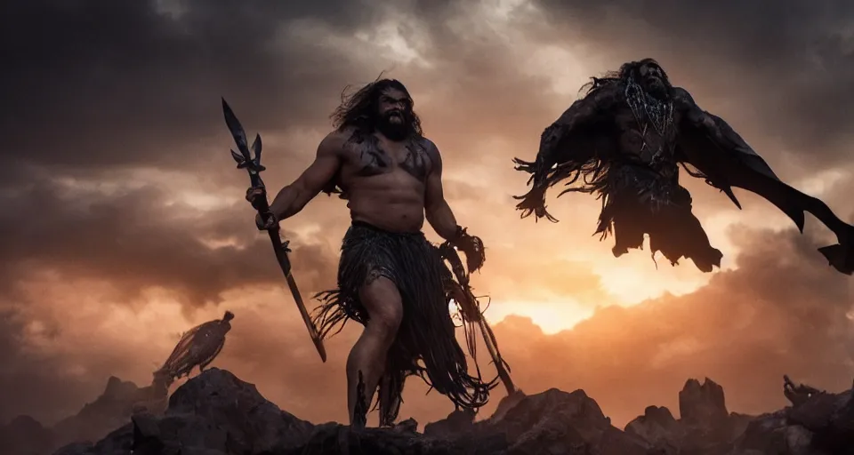 Prompt: Jason Momoa As The Death Dealer, bats, sunset, volumetric lighting, hyperrealistic, beautiful details, HDR, octane render, action shot, wide angle, bokeh, Frank Frazetta Style