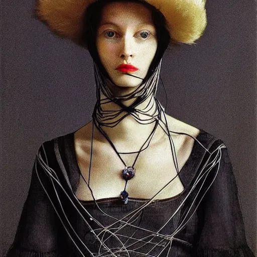 Prompt: seed 1747097482 a beautiful Futuristic portrait with white hat made by wires and twisted around her face ,necklace made by wires ,design by Leonardo DaVinci , inspired by egon schiele ,modern art,baroque art jewelry , new classic,hyper realistic,cinematic composition,cinematic lighting,fashion design, concept art, hdri,8k