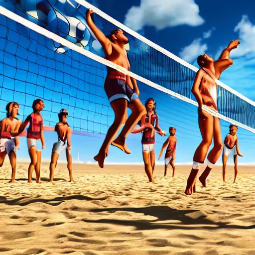 Prompt: centaurs playing volleyball on a beach, jump kick, 4 k, ultra realistic, detailed focused, neonwave