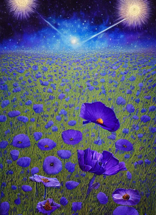 Image similar to detailed, intricate blue black and purple papaverum flower on the field, nebula, galaxy in the sky, winning award masterpiece, fantastically beautiful, illustration, aestheticly inspired, jacek yerka, upscale with anguissola sofonisba work, artstation, 8 k