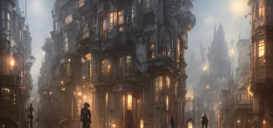 Image similar to futuristic cyber victorian city street, by artgerm, tom bagshaw, gerald brom, 4 k, hd, white, light, bright, beautiful, victorian architecture,