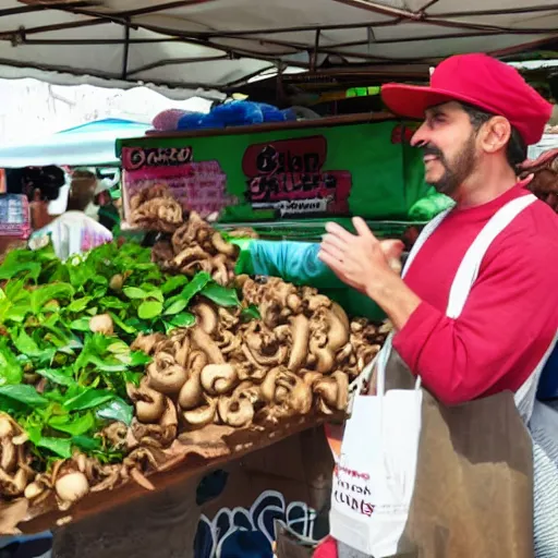 Prompt: mario selling mushrooms in a farmers market