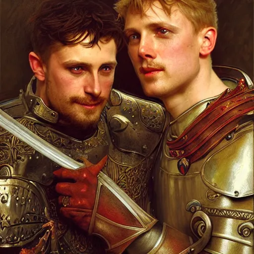 Image similar to attractive arthur pendragon and his attractive male knight, they are in love, natural lighting, path traced, highly detailed, high quality, digital painting, by gaston bussiere, craig mullins, alphonse mucha j. c. leyendecker