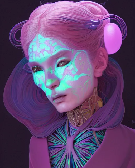 Prompt: an asymmetrical portrait of a bioluminescent patchwork doll, highly detailed, digital painting, cinematic, hyperrealism, dark retrowave, art by stanley lau and artgerm and magali villeneuve and alphonse mucha, artstation, octane render, cgsociety, james jean, victo ngai, david rubin, mike mignola, laurie greasley
