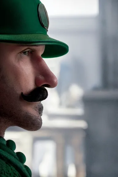 Image similar to very very intricate photorealistic photo of a realistic human version of luigi wearing his hat in an episode of game of thrones, photo is in focus with detailed atmospheric lighting, award - winning details