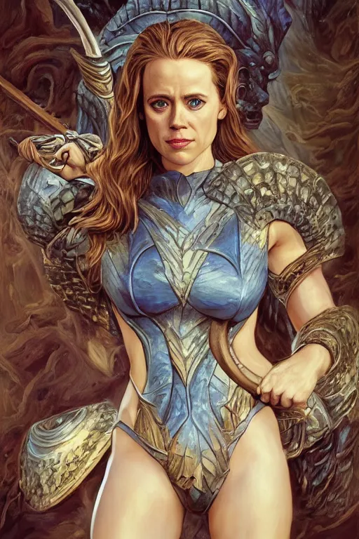 Image similar to A fantasy comic book style portrait painting of, hybrid of Rachel McAdams, Amy Adams, as an Atlantean, Reptilian Warrior, Mystical Valkyrie, Armor, Sword, Archer Bow, Spear, Sheild, François Boucher, Oil Painting, unreal 5, DAZ, hyperrealistic, octane render, Regal, Refined, Coherent, Detailed Digital Art, RPG portrait, William-Adolphe Bouguereau, Michael Cheval, Walt Disney (1937), Steampunk, dynamic lighting, Highly Detailed, Cinematic Lighting, Unreal Engine, 8k, HD