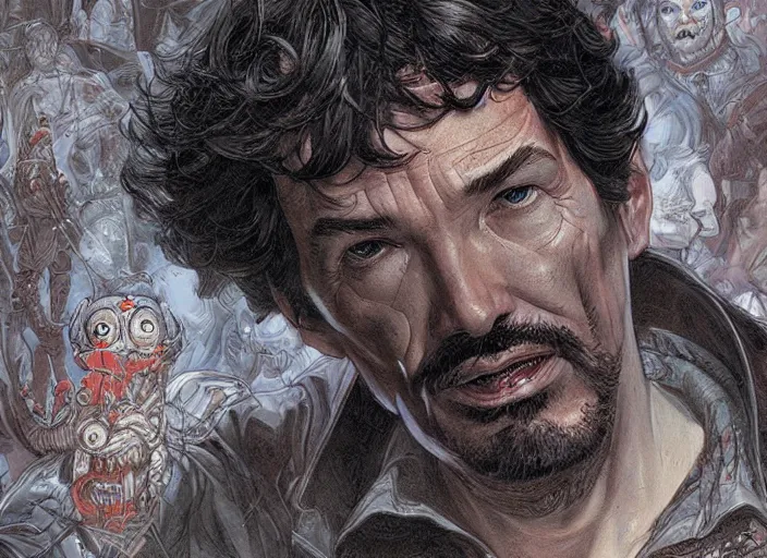 Image similar to a highly detailed terrifying portrait of stephen strange, james gurney, james jean