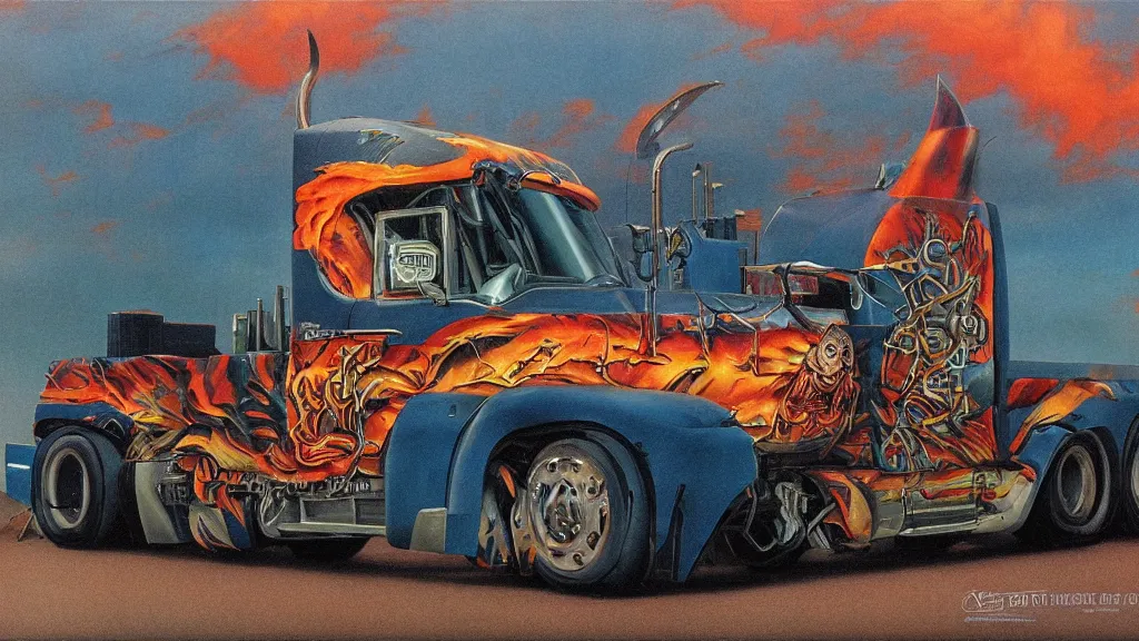 Prompt: truck from Maximum Overdrive (1986) painted by Gerald Brom, highly detailed