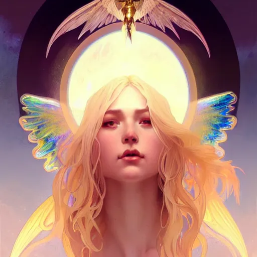 Image similar to Winged girl seraphim with blonde hair and glowing halo, iridescent, fantasy, intricate, elegant, highly detailed, digital painting, artstation, concept art, smooth, sharp focus, illustration, art by Krenz Cushart and Artem Demura and alphonse mucha