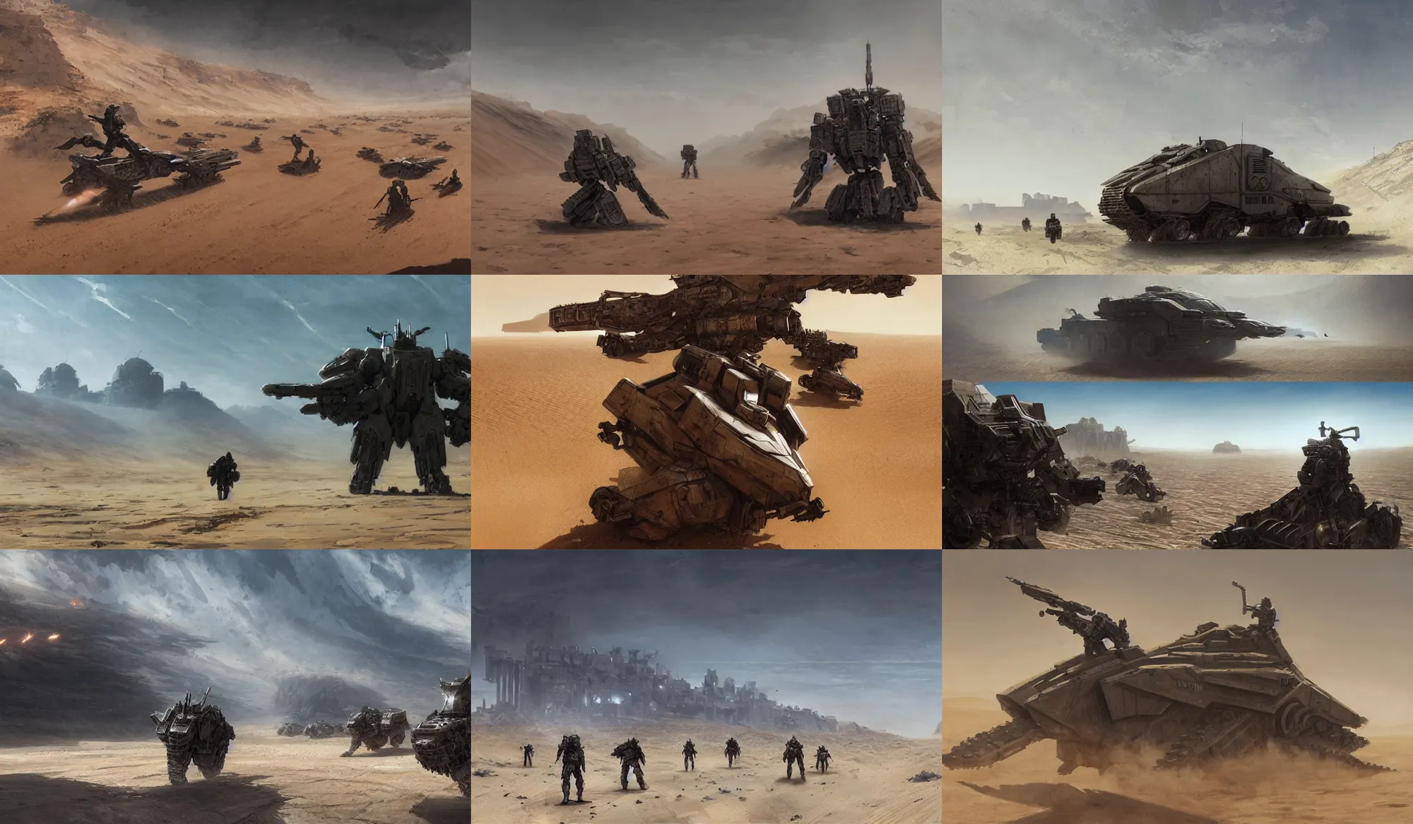 Prompt: armored core v running across the open desert, empty desert, sand, karst landscape, wide shot, concept art by greg rutkowski