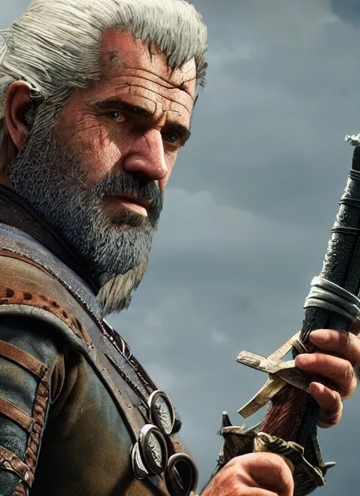Image similar to Mel Gibson in The Witcher 3, gameplay, 8k, HD