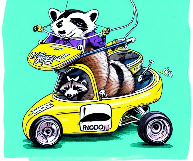 Image similar to cute and funny, racoon wearing a helmet riding in a tiny merlyn formula ford, ratfink style by ed roth, centered award winning watercolor pen illustration, isometric illustration by chihiro iwasaki, edited by range murata