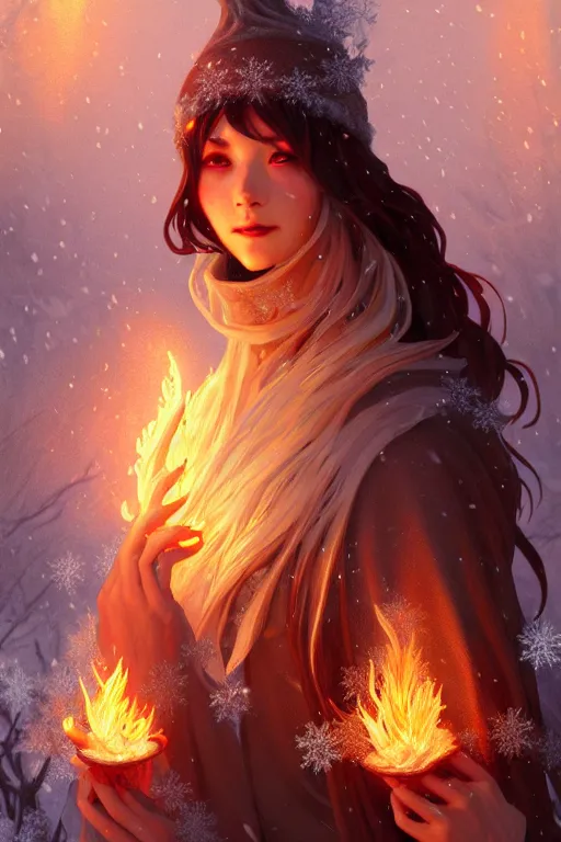 Prompt: beautiful ancient frost witch, flames around, snowy glow, snowfall, highly detailed, digital painting, artstation, sharp focus, illustration, art by tan zi and ayanamikodon and alphonse mucha and wlop