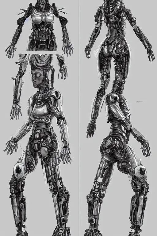 Image similar to cyborg norse goddess with gunmetal grey skin, medical anatomy, very symmetrical face, highly detailed, japanese mecha, three - perspective / three - view reference sheet ( front / back / side ), in the style of dan ouellette, dren from splice, hr giger, sil from species, artstation, unreal engine