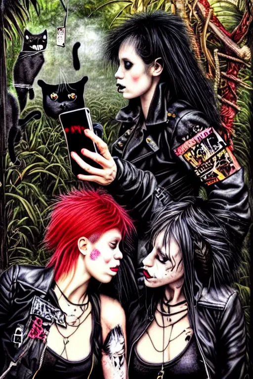 Prompt: punk rock girls kissing and making selfie with black cats in jungle , 1980 style by Ayami Kojima, mad max jacket, post apocalyptic, Cyberpunk, renaissance, Gothic, mystic, highly detailed, digital painting, 4k, fog, oil painting by Leonardo Da Vinci, hyper realistic style, fantasy by Olga Fedorova