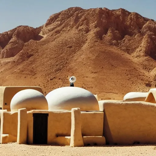 Image similar to a village in the desert, white houses, two suns, star wars style