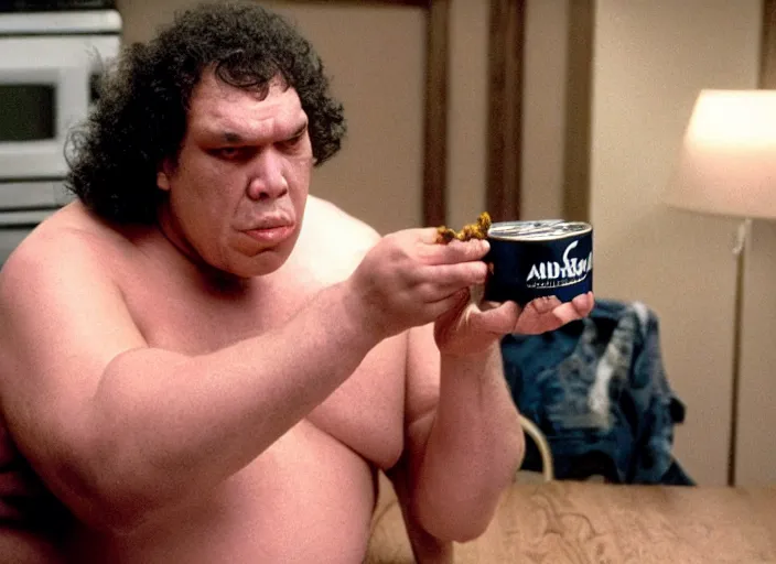 Prompt: film still of Andre the Giant eating a can of beans in the new Sleepless in Seattle movie, 4k