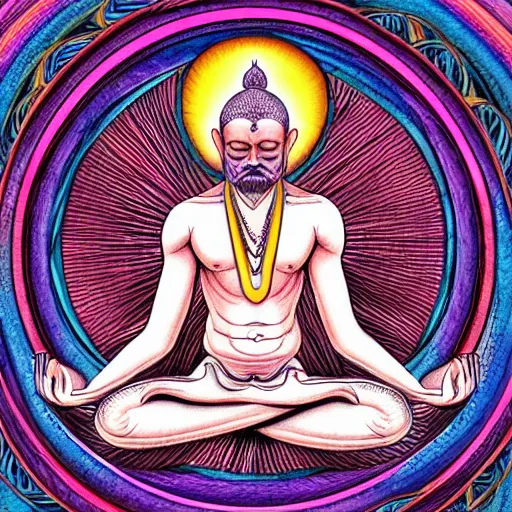 Image similar to colored pencil hatching bold lines sketch of a meditating yogi with ornate sacred geometry linework in the background, album cover hd