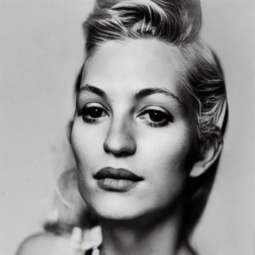 Prompt: photograph by richard avedon of olive skinned blonde female in her thirties wearing designer clothes