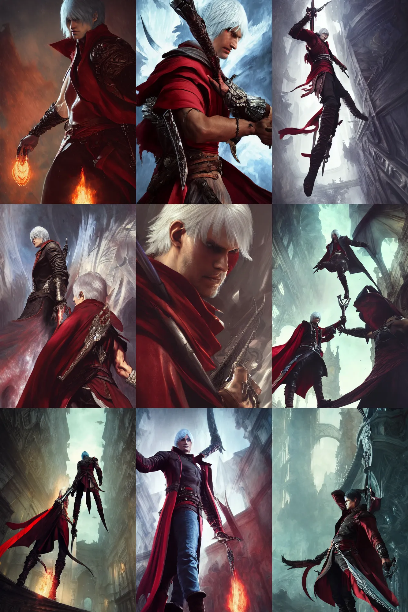 Prompt: cinematic stills of devil may cry combined with assassin's creed, deep focus, d & d, fantasy, intricate, elegant, highly detailed, digital painting, artstation, concept art, matte, sharp focus, illustration, hearthstone, art by artgerm and greg rutkowski and alphonse mucha